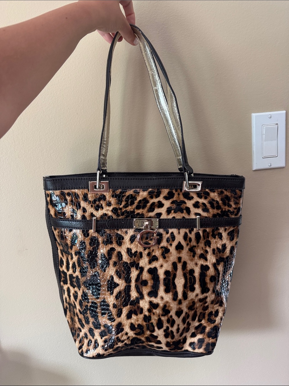 GUESS Leopard Print Tote with Black Trim and Metallic Gold Handles